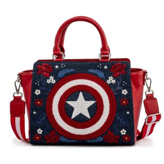 El bolso tiene una imagen del famoso escudo del Capitán América en el frente rodeado de flores bordadas, el bolso tiene dos asas, una correa de hombro ajustable, desmontable y un forro interior a juego.