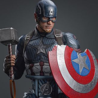 Este busto del Capitán América a escala 1:1 captura al Capitán América tal como lo vimos en Avengers: Endgame de Marvel Studio.