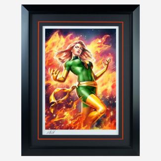 El phoenix: jean grey variant premium art print presenta a la cautivadora mutante jean grey vestida con su traje verde y dorado, empuñando poderes cósmicos ardientes.