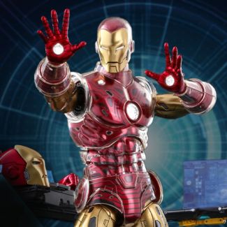 Para comenzar la colección, Sideshow y Hot Toys se complace en presentar la armadura de traje de Iron Man (versión deluxe) como una figura coleccionable de escala 1:6 fundida a presión con armaduras de cristal reinventadas, y una base de diorama temática 