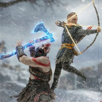 Iron Studios presenta su nueva estatua " Kratos y Atreus BDS Art Scale 1:10 - God of War " con el protagonista antihéroe de la serie y su hijo, como se ve en el juego God of War (2018).