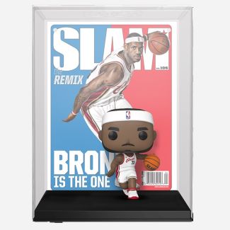 Recluta a LeBron James de los Cleveland Cavaliersde la NBA para tu colección de baloncesto con este Pop. LeBron James con su uniforme blanco de local frente a él mismo como telón de fondo en la portada de la revista SLAM.