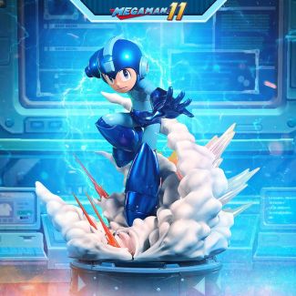 La estatua de Mega Man altamente detallada se ve en una pose dinámica que se asemeja a la portada del juego Mega Man 11.