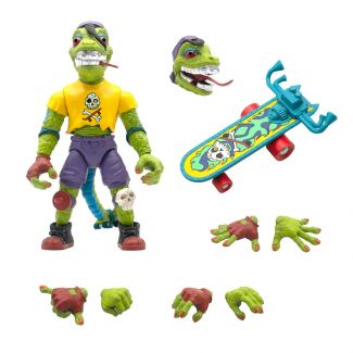 "Mondo Gecko es el nombre, y robar es su juego." El primo mutante de las Tortugas es ahora disponible en ULTIMATES! Forma. Mondo viene vestido con su estilo de los 80, con una enorme colección de accesorios, incluyendo cabeza, manos alternas, y un monopat