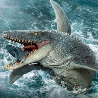 Iron Studios muestra a este titán prehistórico de los mares en toda su magnitud, emergiendo sobre las olas y capturando en sus gigantescas mandíbulas a una de sus presas favoritas, un gran tiburón blanco.