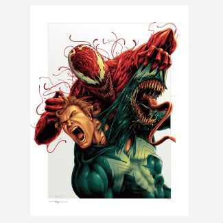 Sideshow presenta Venom: Carnage Unleashed Fine Art Print del artista Matt Ryan Tobin, según Andrew Wildman. Este intenso arte de Marvel  representa un enfrentamiento épico entre simbiontes rivales y el anfitrión atrapado en el centro de todo.