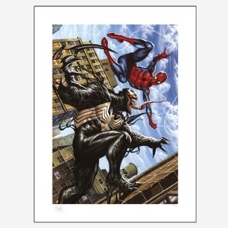 Sideshow Art Prints presenta Spider-Man vs Venom Fine Art Print, una impresión artística de Marvel llena de acción del  aclamado artista de portadas de cómics Mark Brooks .